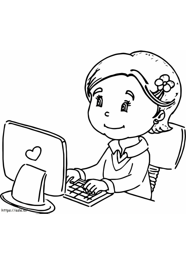 Menina estudando no computador para colorir