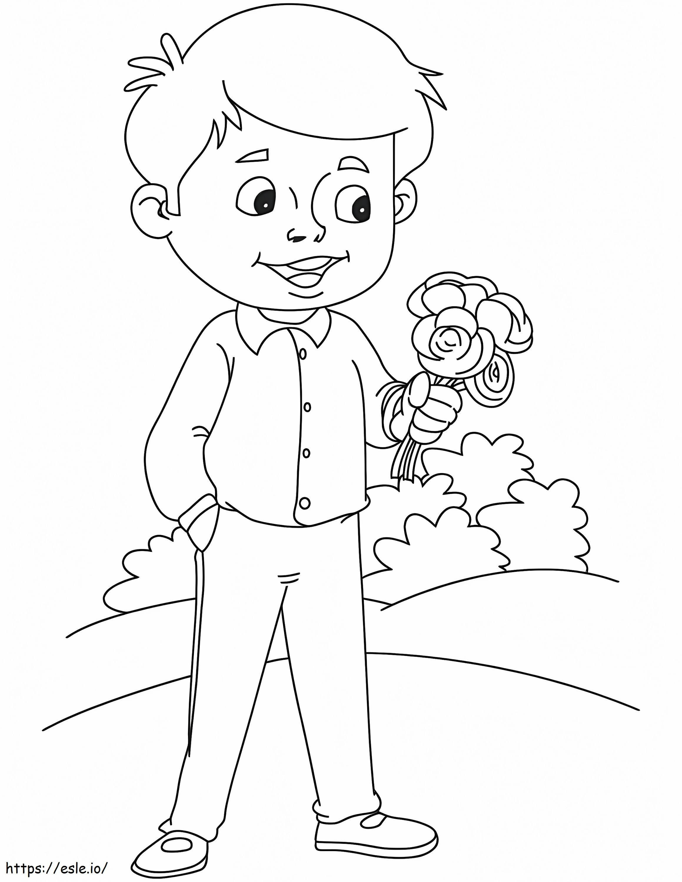 Coloriage Petit garçon tenant une fleur de gardénia à imprimer dessin