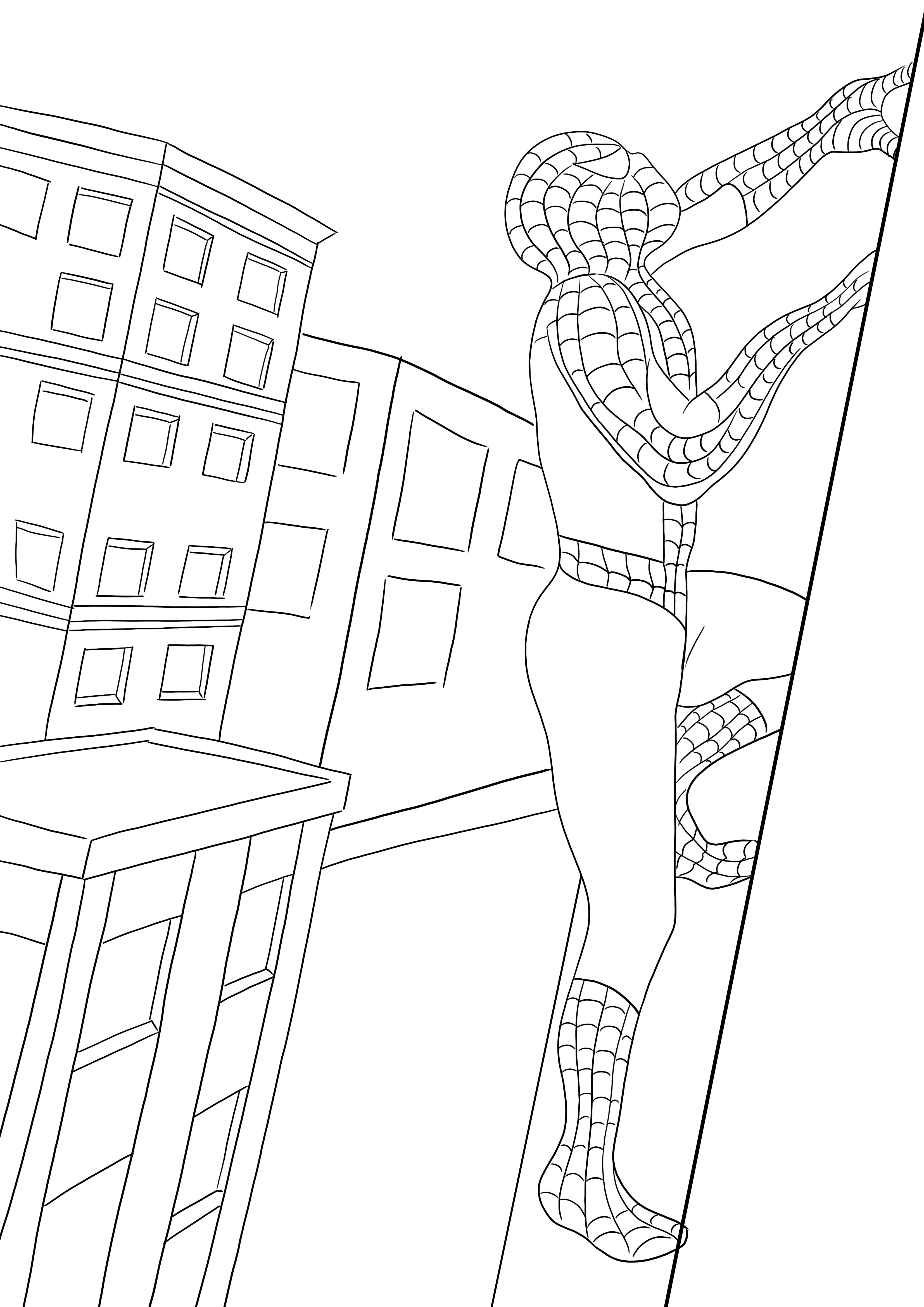 Egy ingyenesen nyomtatható Pókember, aki az épületre mászik – a gyerekek könnyen kiszínezhetik