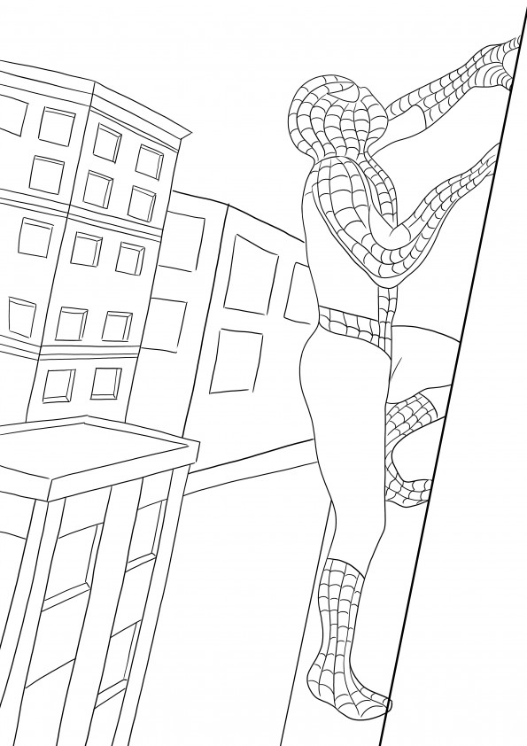 A free printable of Spiderman climbing the building-kids can easily color him