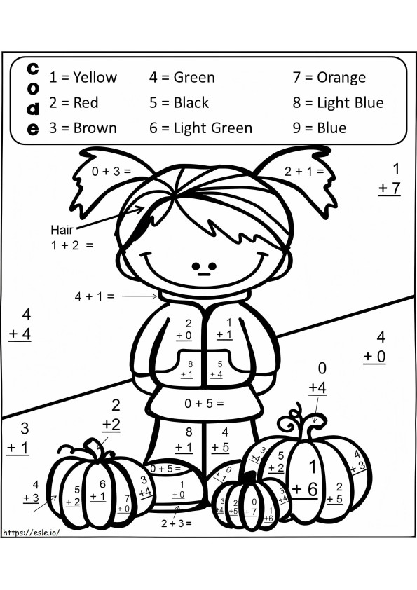 Garota de Halloween e cor de abóbora por número para colorir