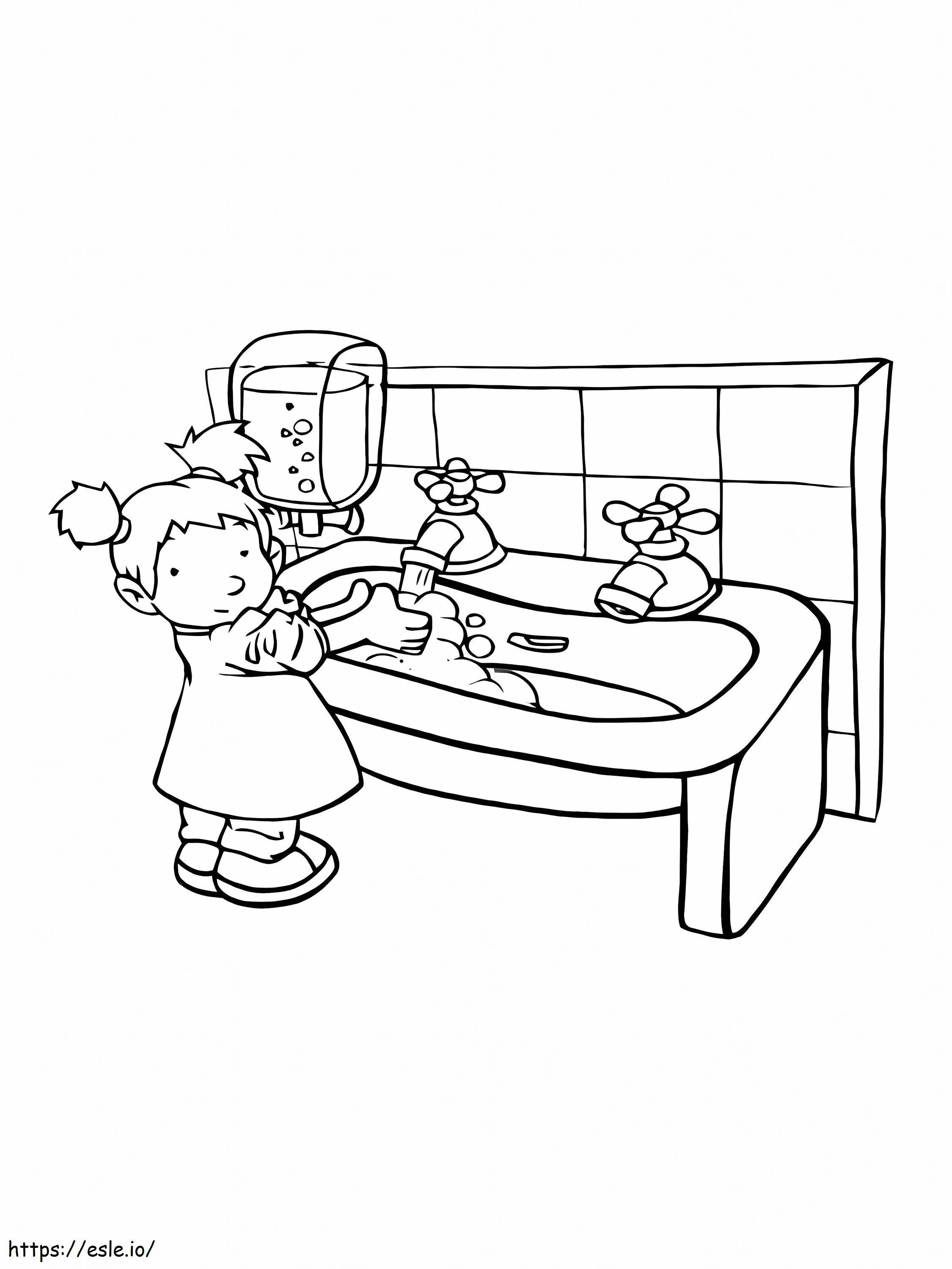 衛生を実践する小さな女の子 ぬりえ - 塗り絵