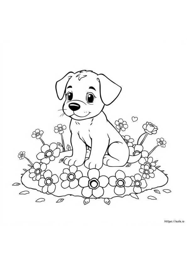 Anak Anjing Dengan Bunga Gambar Mewarnai
