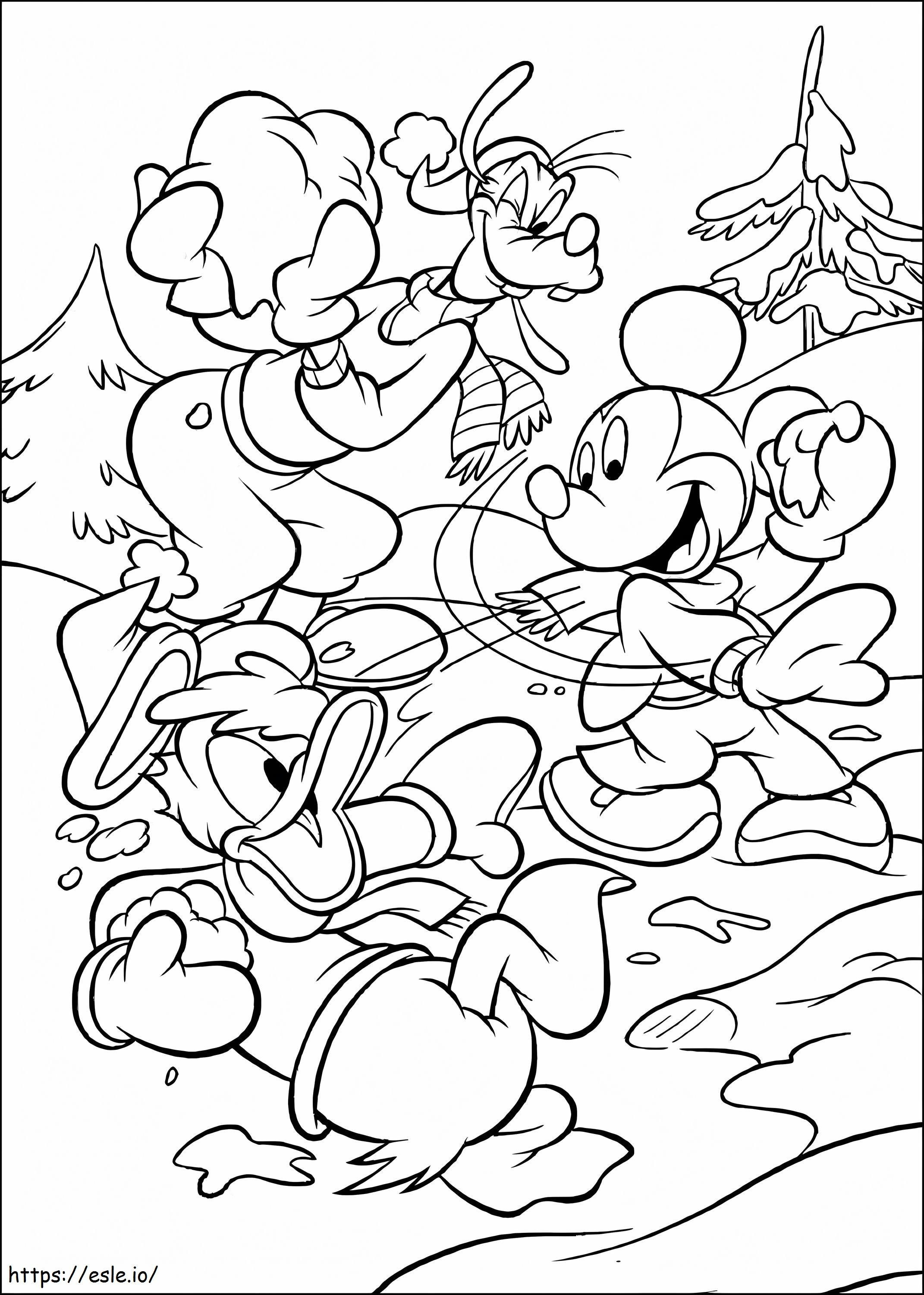 Mickey Mouse y sus amigos jugando a la bola de nieve para colorear