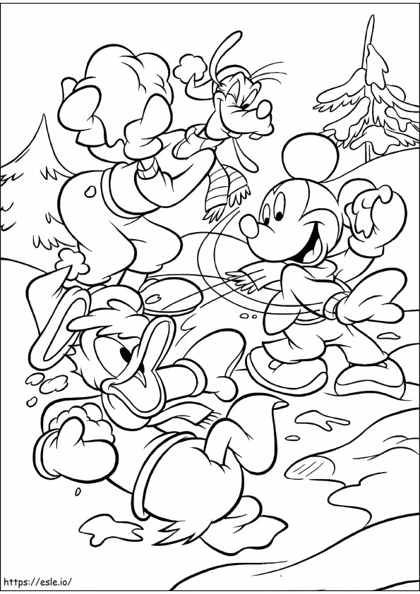 Coloriage Mickey Mouse et ses amis jouant à la boule de neige à imprimer dessin