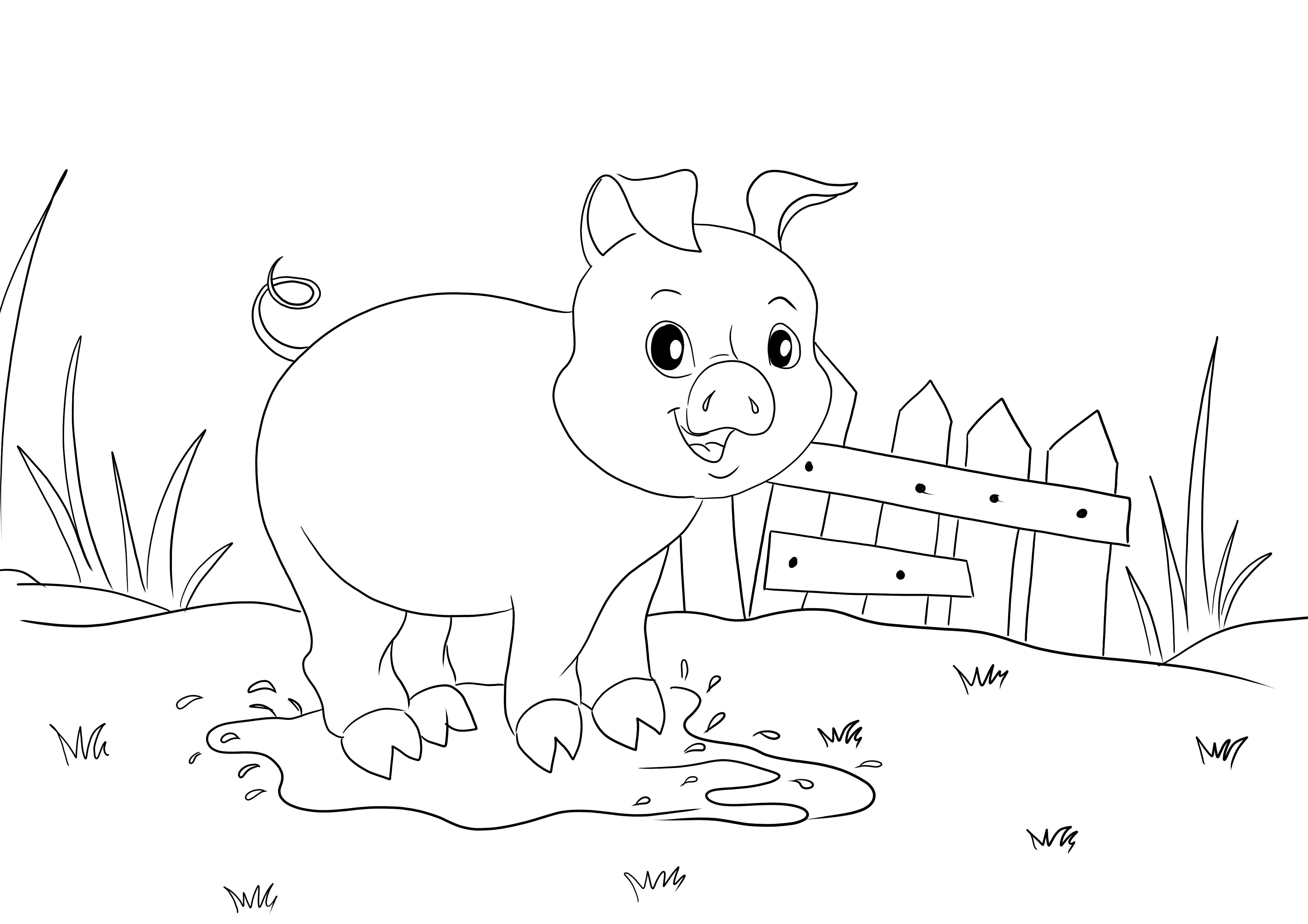 Colorea e imprime gratis la imagen de un Cerdo en un charco para niños