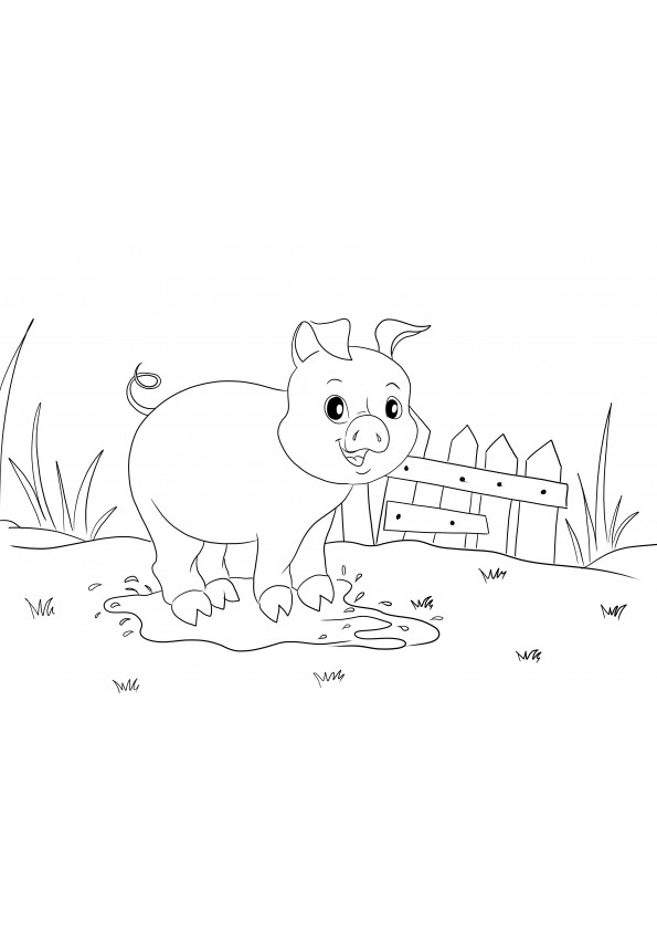 Colorea e imprime gratis la imagen de un Cerdo en un charco para niños