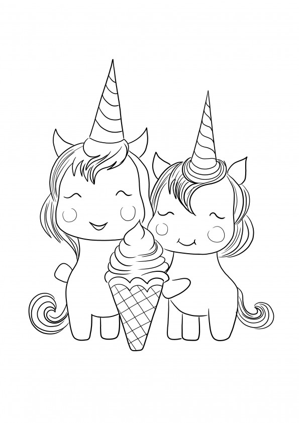 Cute Kawaii unicorns holding an ice-cream free printable for coloring