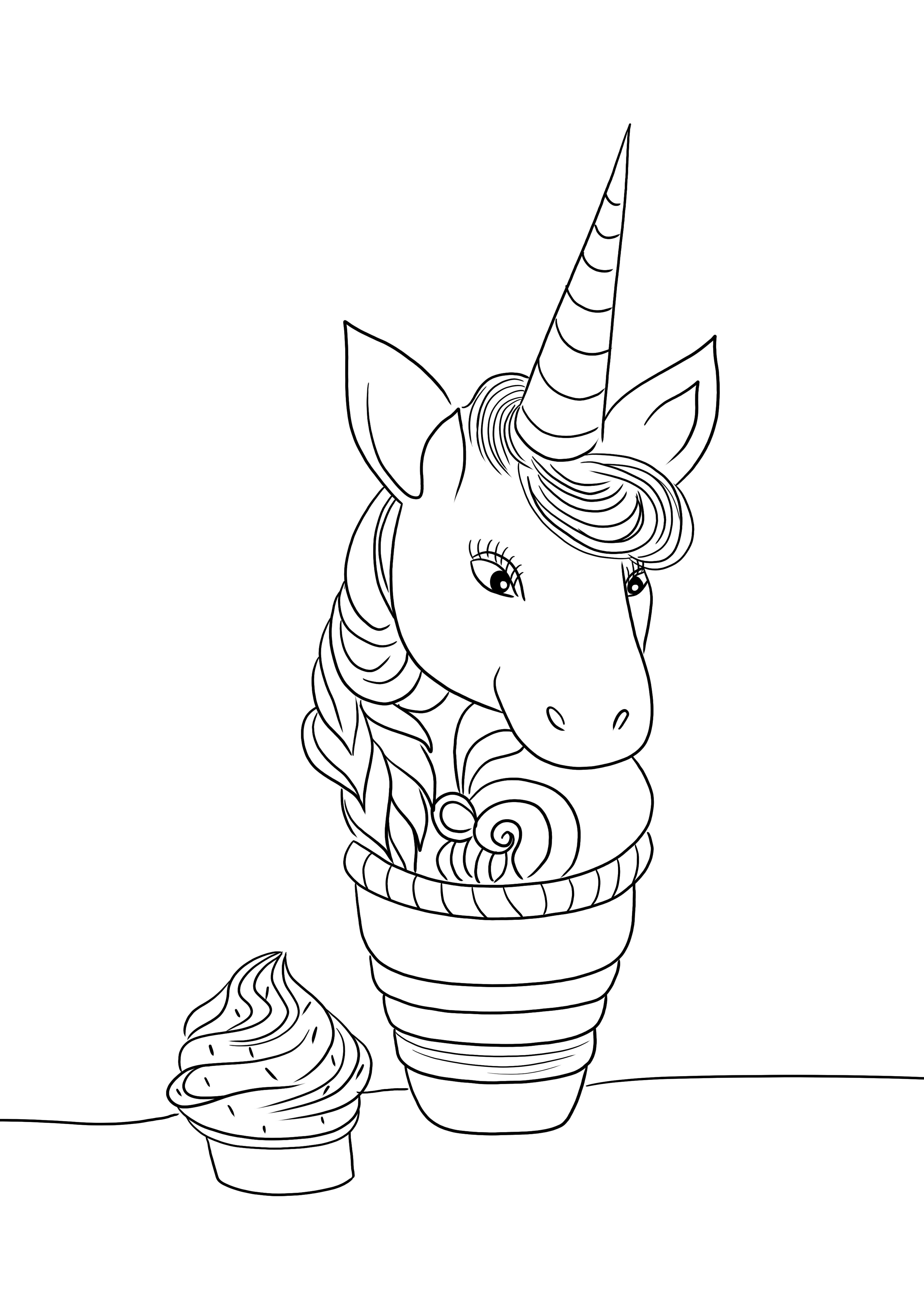 Cupcake amuzant cu unicorn ușor și gratuit de colorat și de imprimat pentru copii