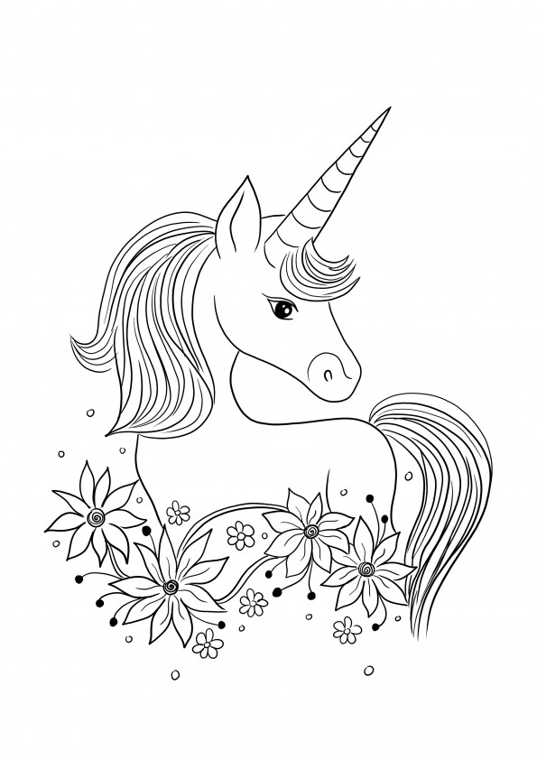 Unicorn and flowers for free downloading and coloring page
