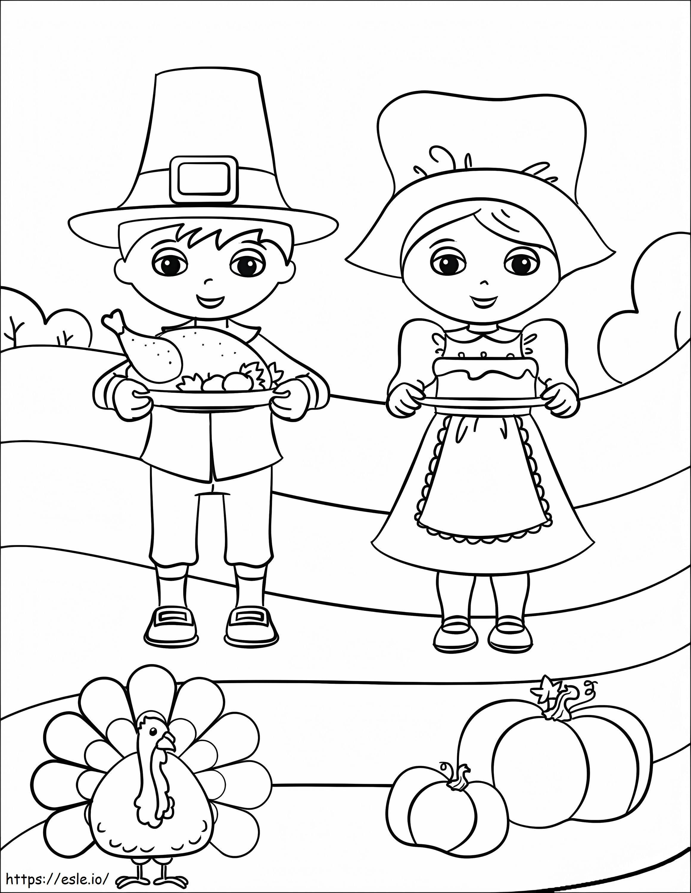 Coloriage  mignon pèlerin garçon et fille à imprimer dessin
