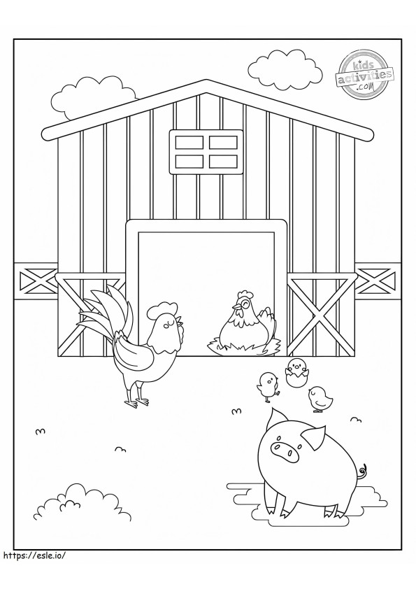Coloriage Poussins de porc et famille dans la grange à imprimer dessin