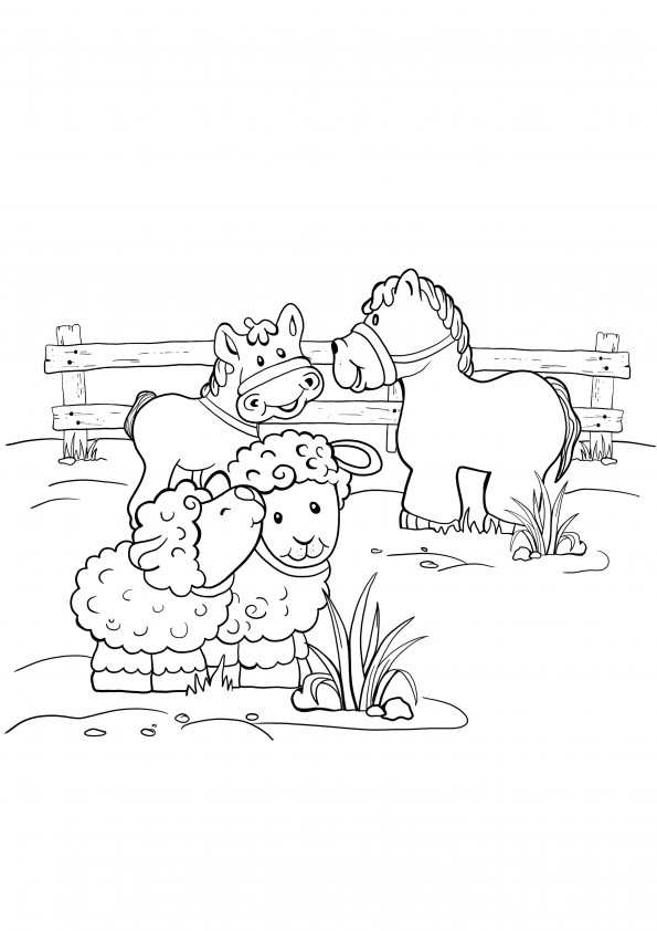 Dibujo de cabras y caballos y sus crías para colorear