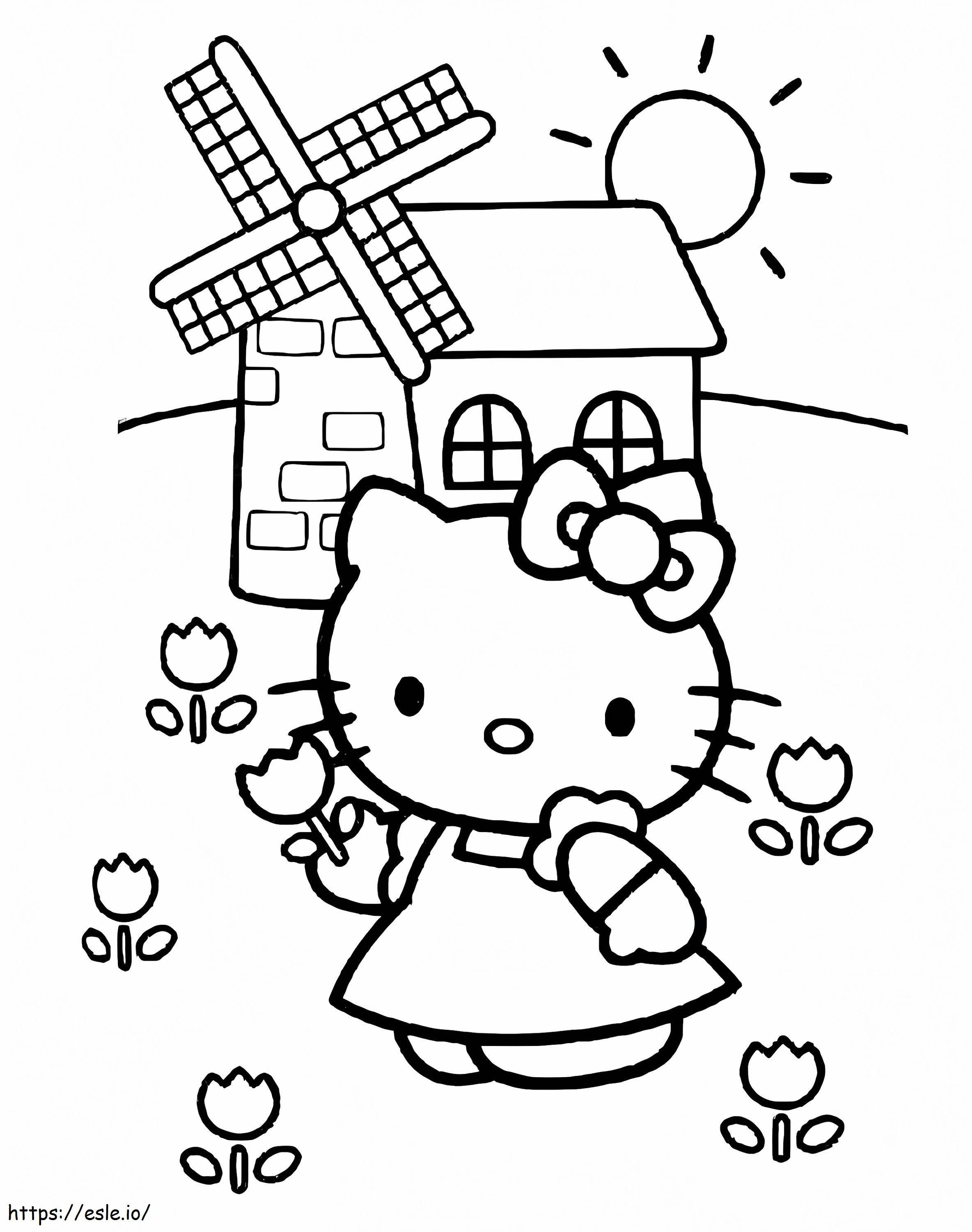 Coloriage Bonjour Kitty avec des fleurs à imprimer dessin