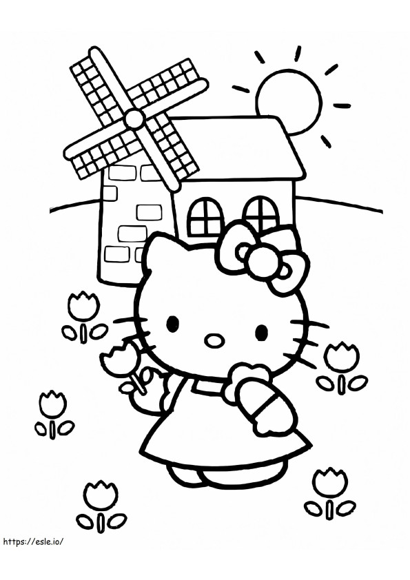 Coloriage Bonjour Kitty avec des fleurs à imprimer dessin