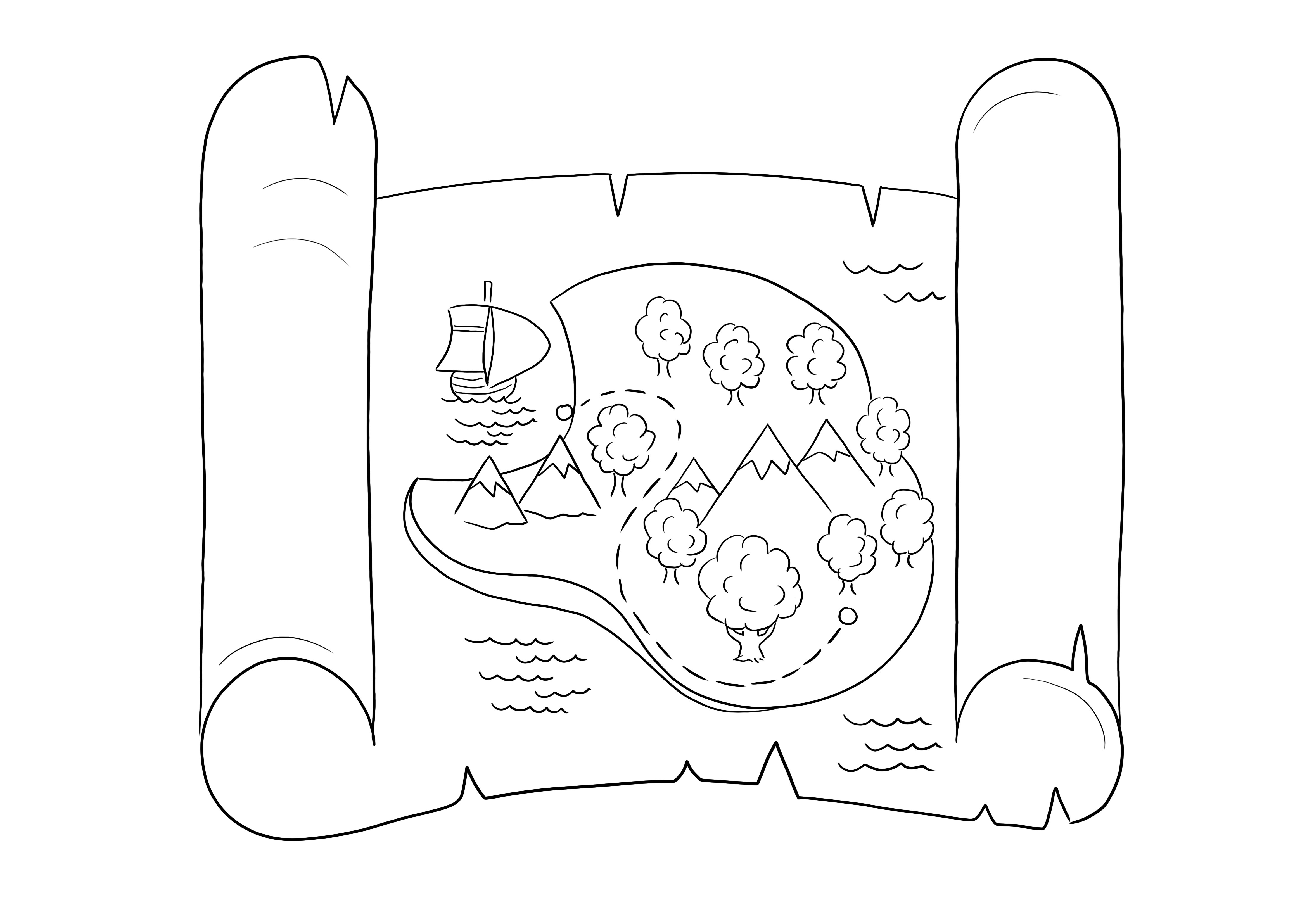 Free printable for coloring a Treasure Map for kids to enjoy drawing session