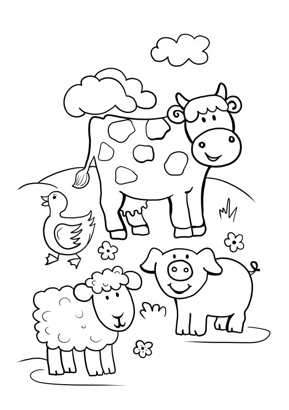 Happy farm animals in the field printing and coloring