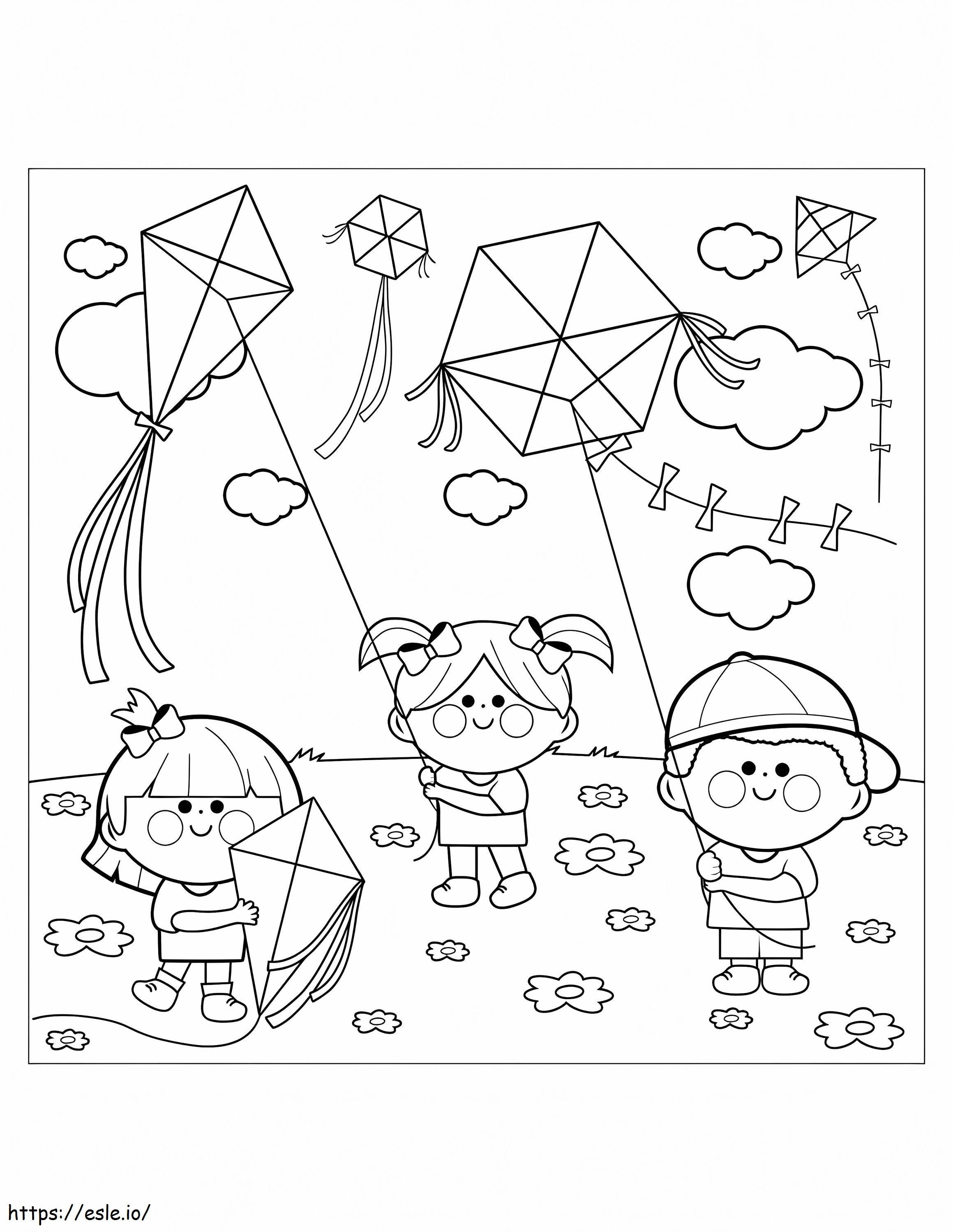 Children Flying Kites coloring page