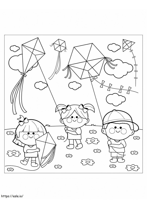 Children Flying Kites coloring page