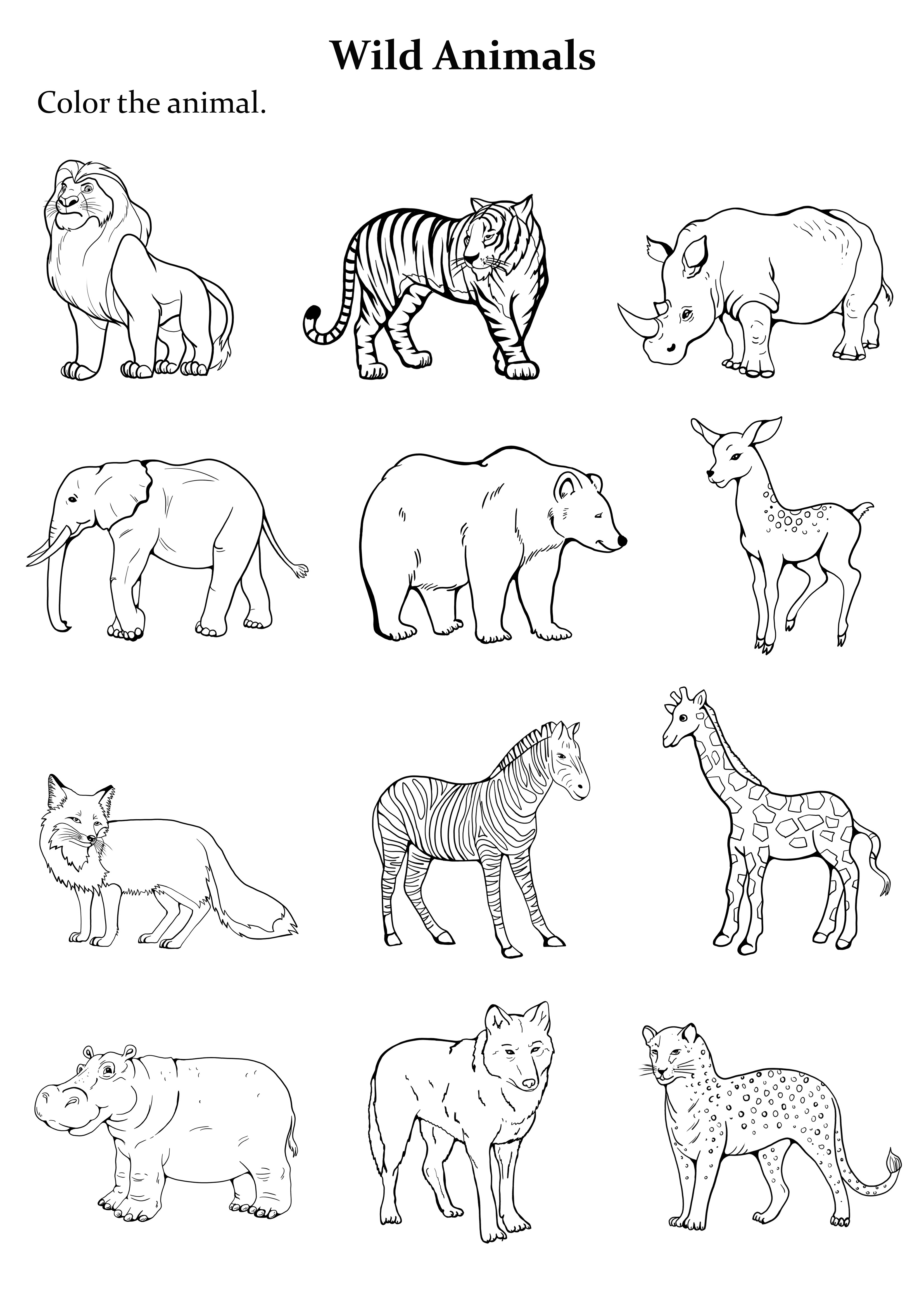 Group of 12 animals coloring page easy to print