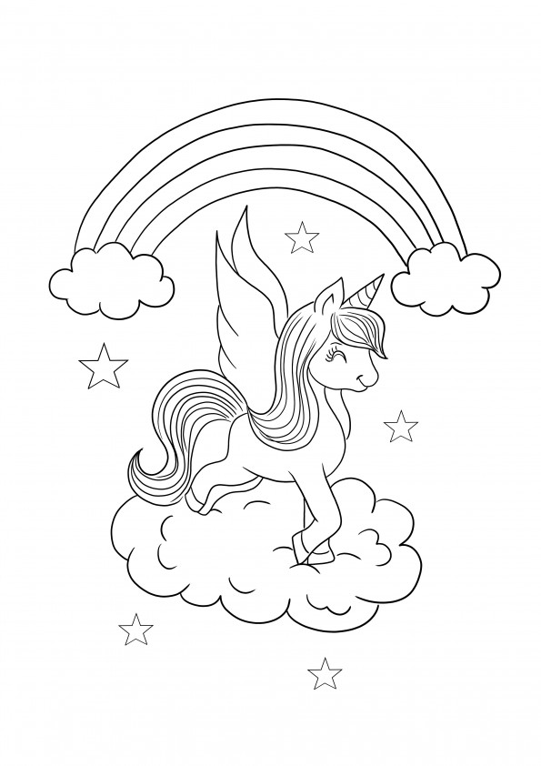 Unicornio volador en las nubes imprimible gratis para una hoja para colorear simple