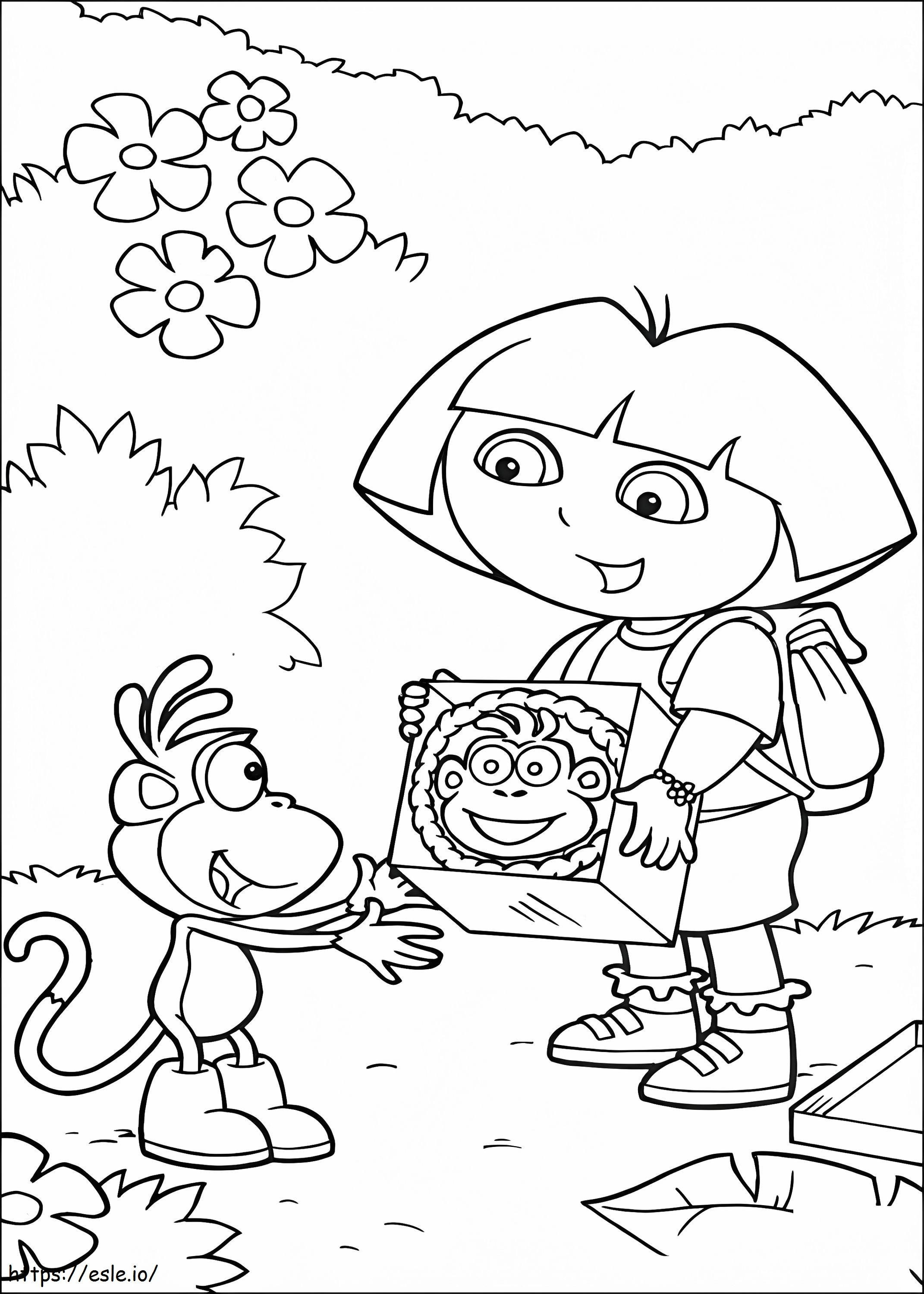 Dora geeft cadeau aan laarzen kleurplaat kleurplaat