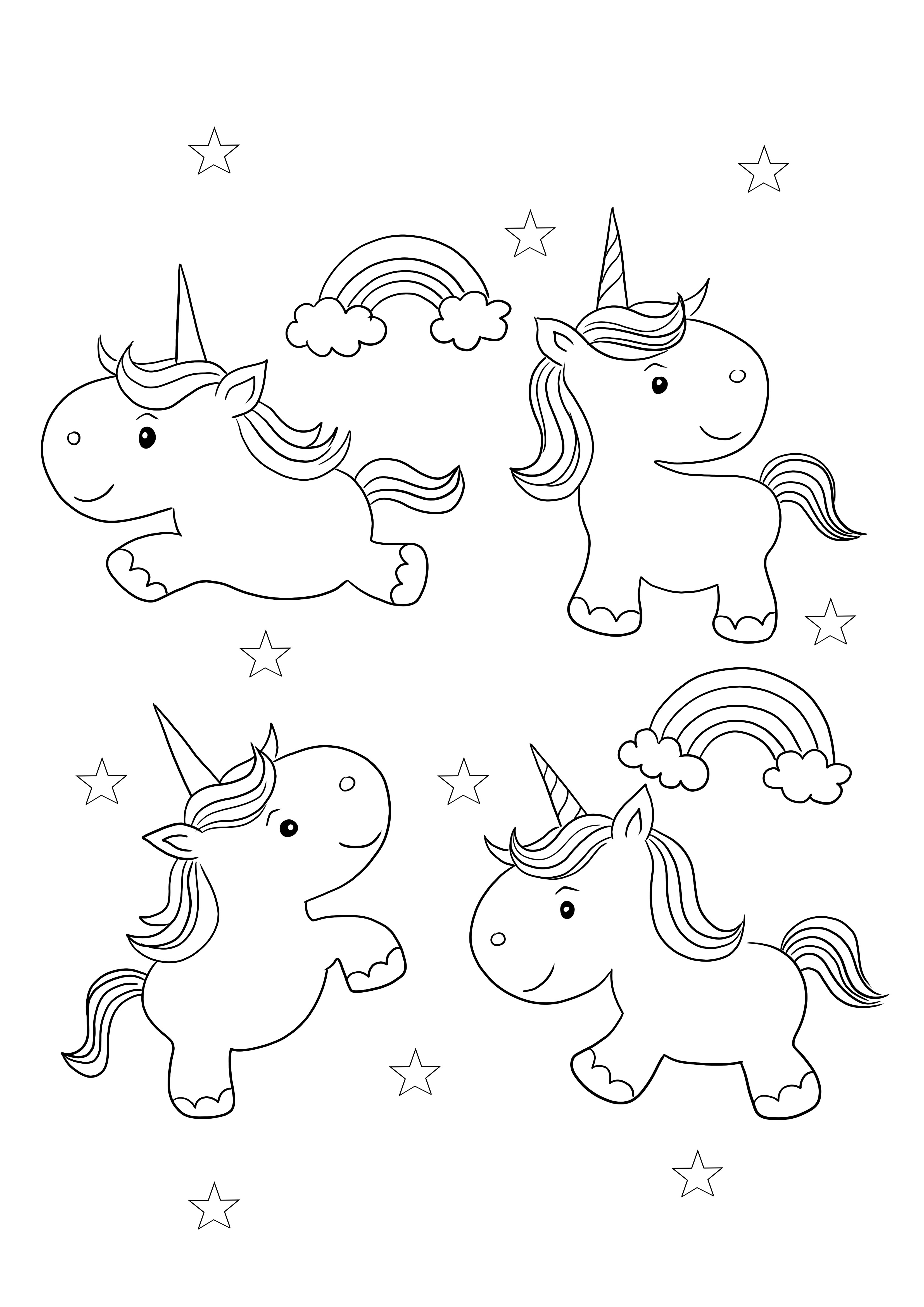 Four flying unicorns are ready to be printed and colored for free