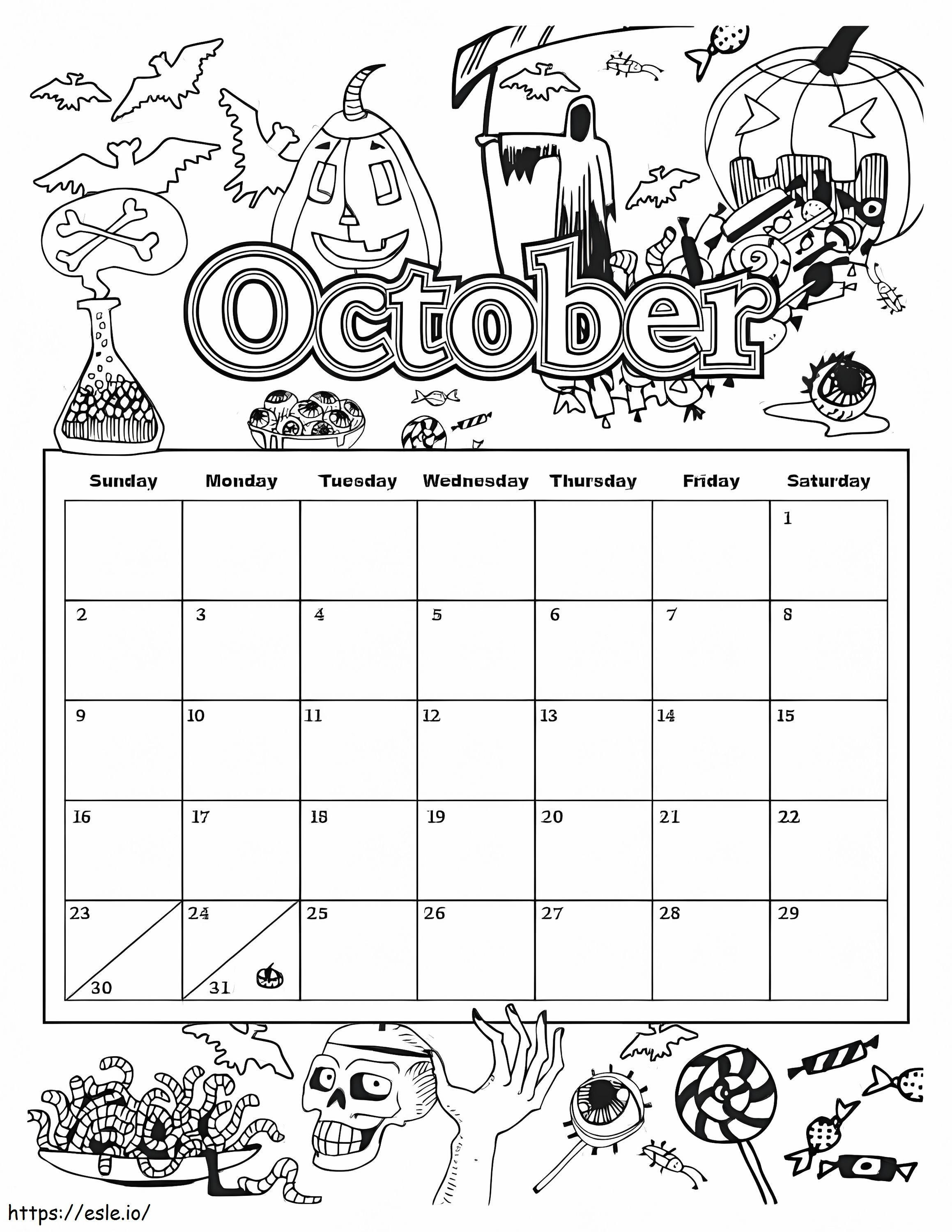 Calendário de Halloween para outubro para colorir