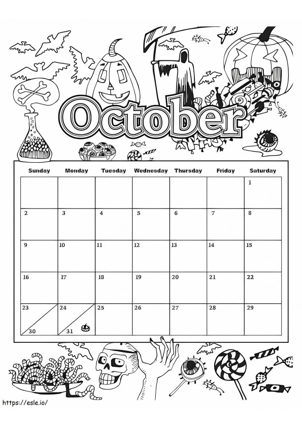 Kalender Halloween Untuk Oktober Gambar Mewarnai