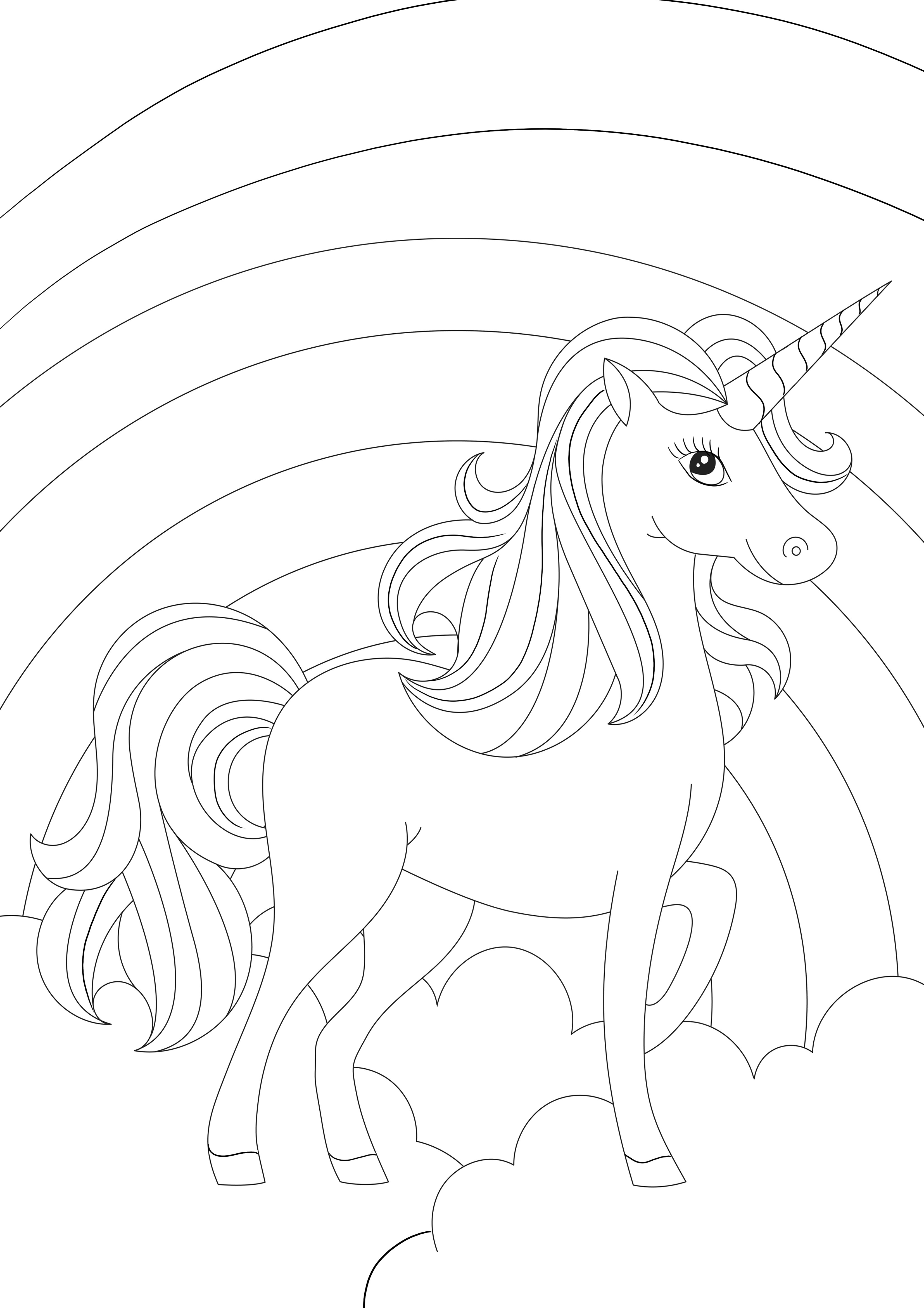 Simple coloring page of rainbow and unicorn free to print