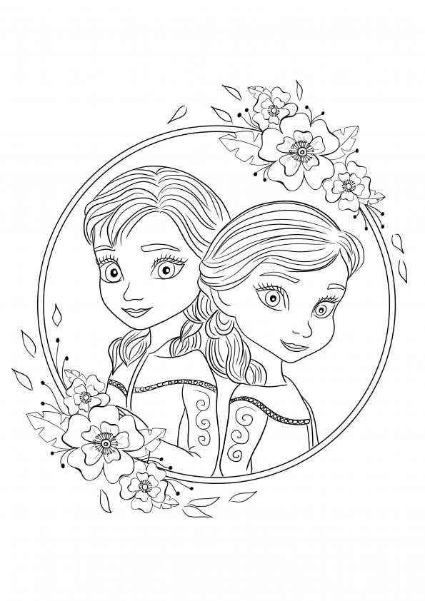 Imagine de colorat cu tinerele Elsa și Ana de imprimat gratuit pentru descărcare