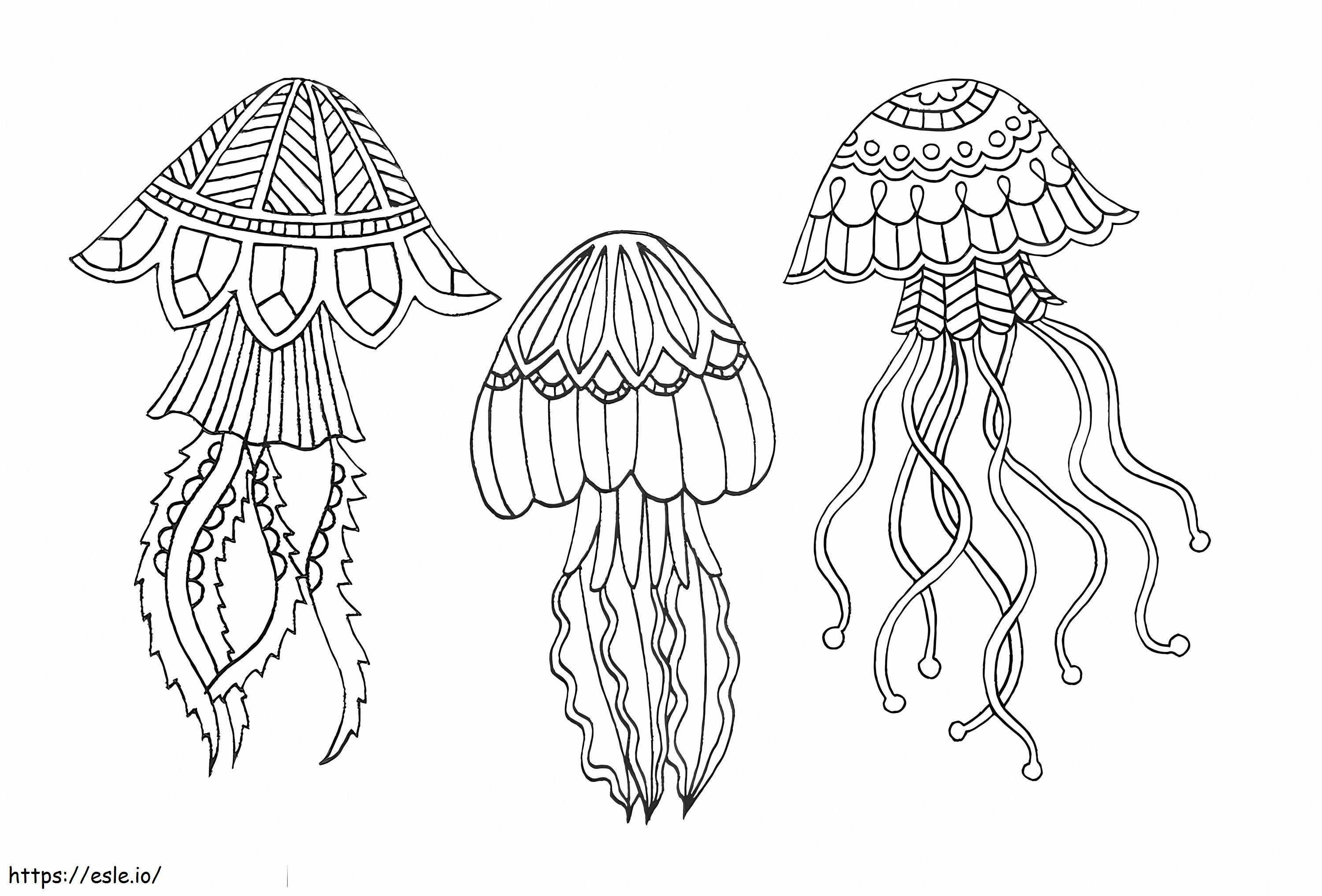 Three Zentangle Jellyfish coloring page