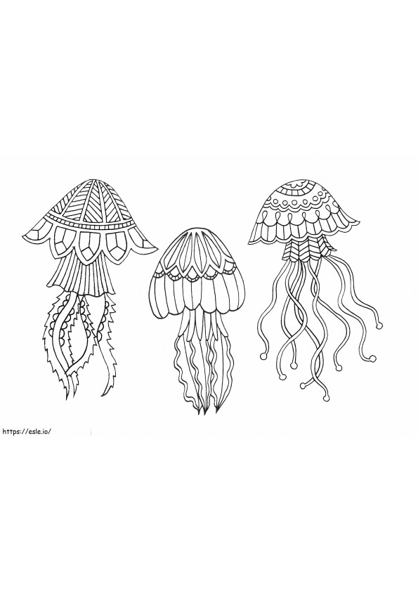 Three Zentangle Jellyfish coloring page