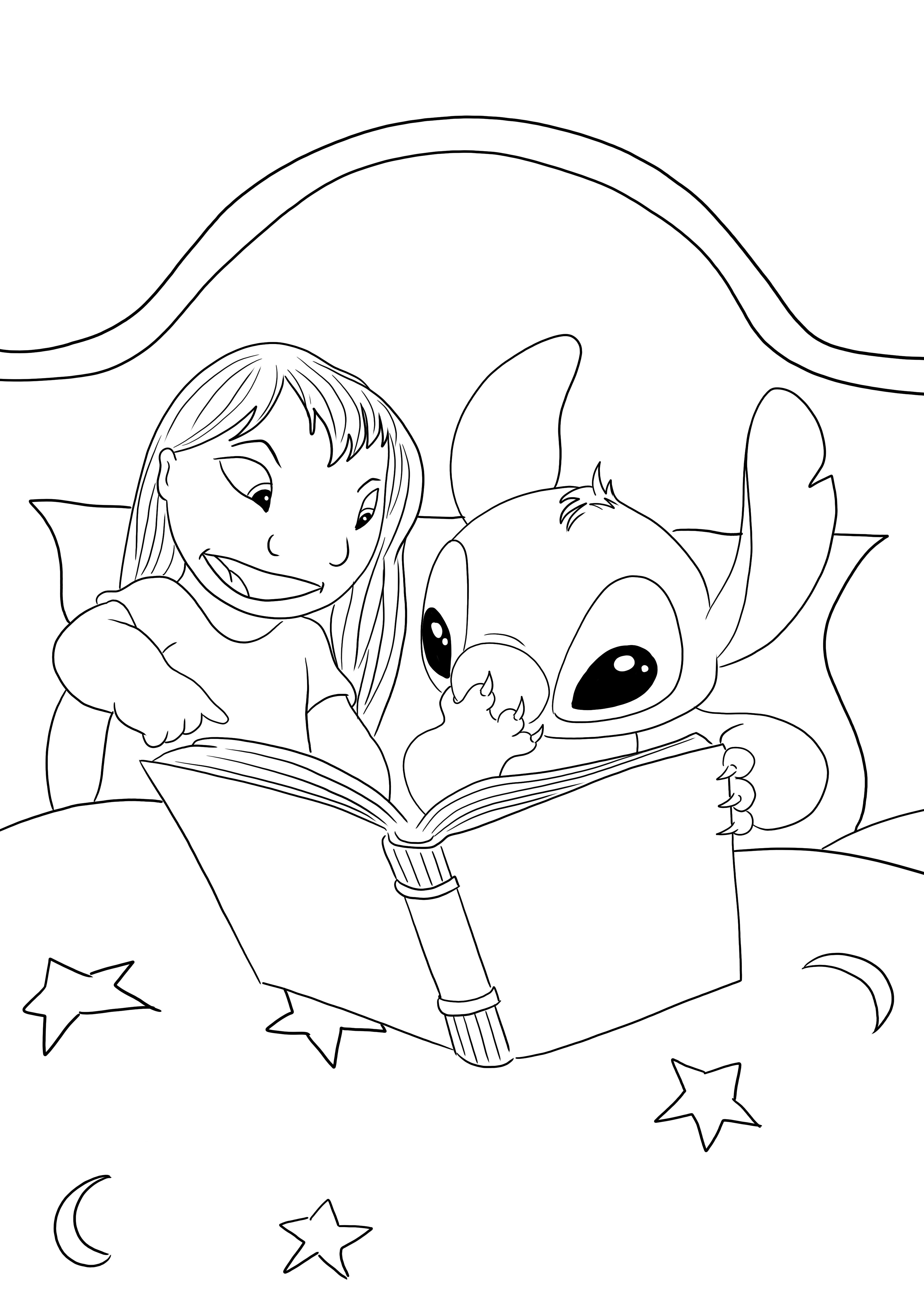 Lilo&Stitch leyendo la historia de la noche para colorear e imprimir imagen gratis