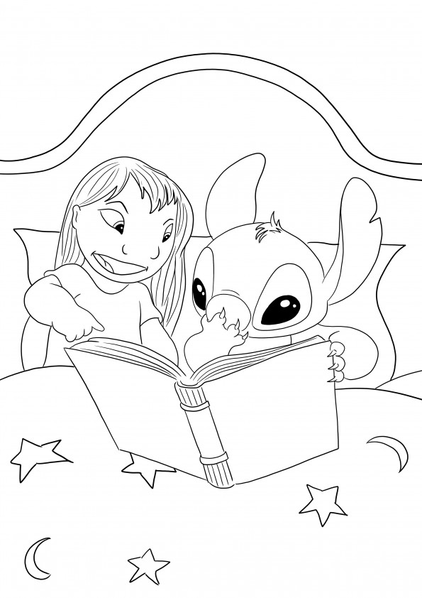 Lilo&Stitch lisant une histoire de nuit à colorier et imprimer une image gratuite