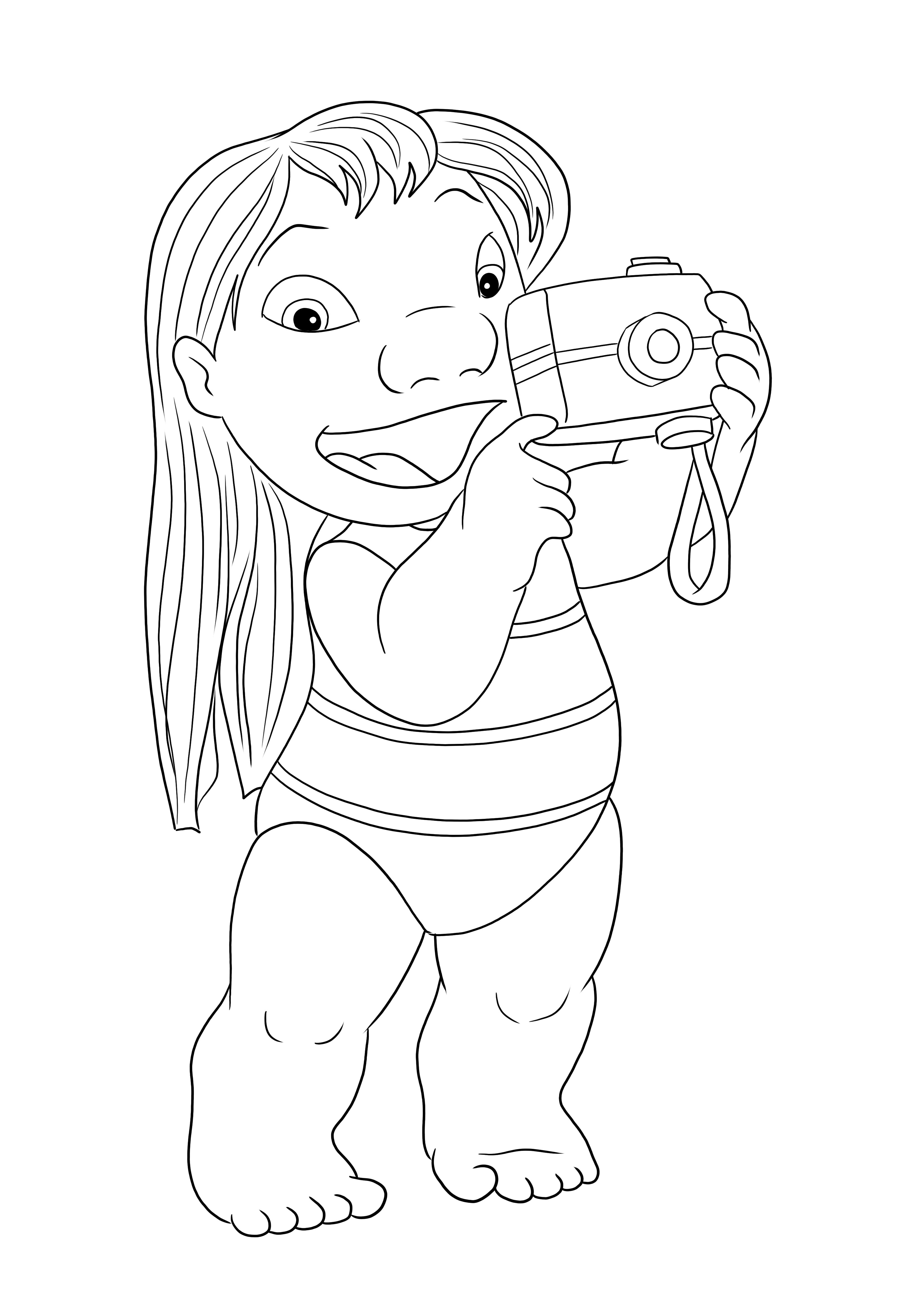 Lilo is taking a picture coloring page for free downloading and printing