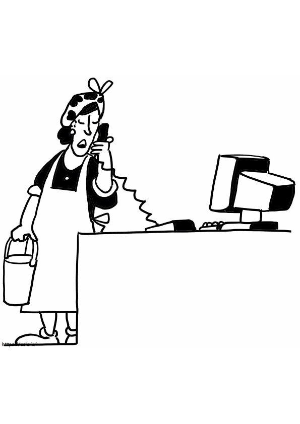 Coloriage femme de ménage utilisant le téléphone à imprimer dessin