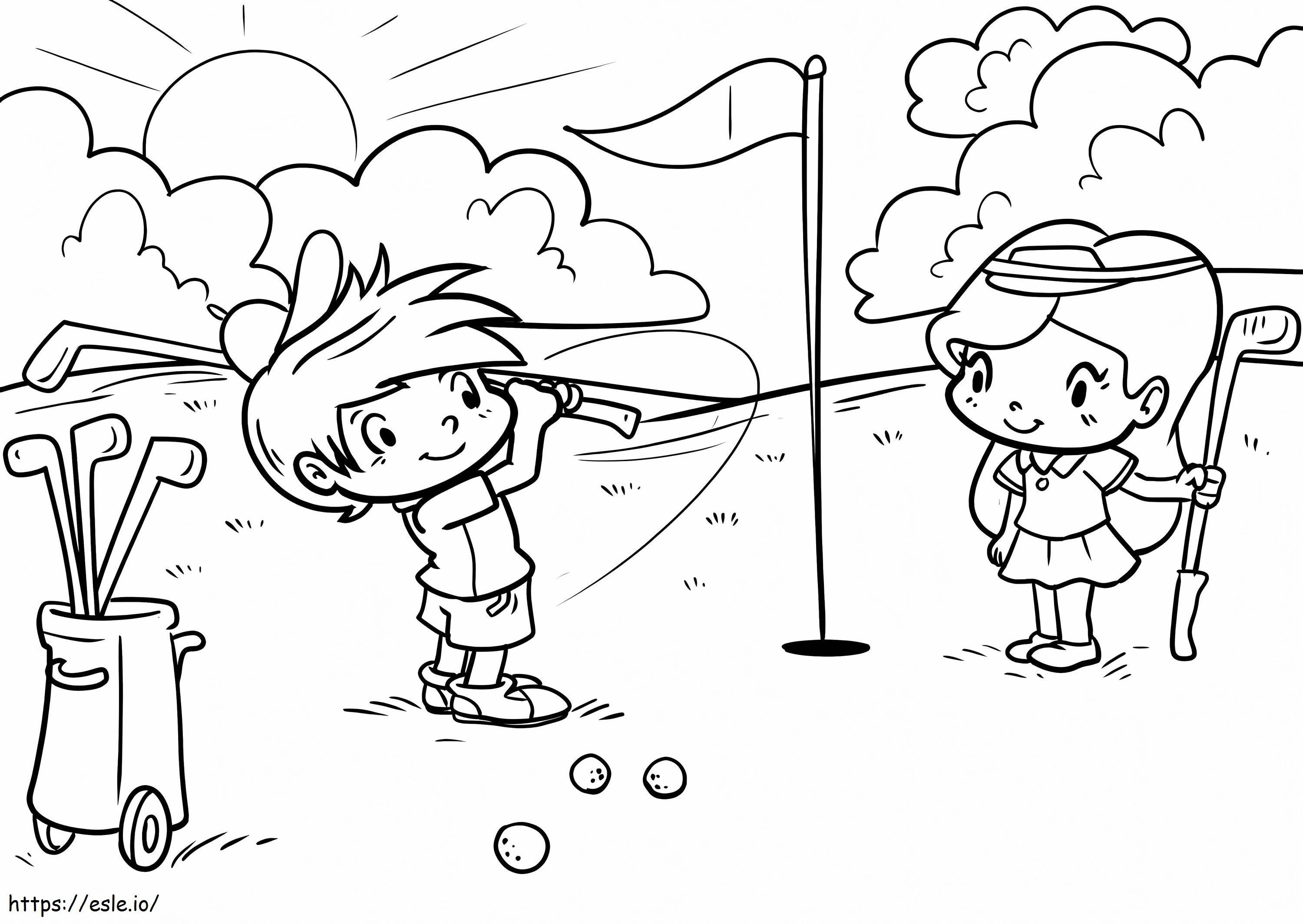 Crianças jogando golfe para colorir