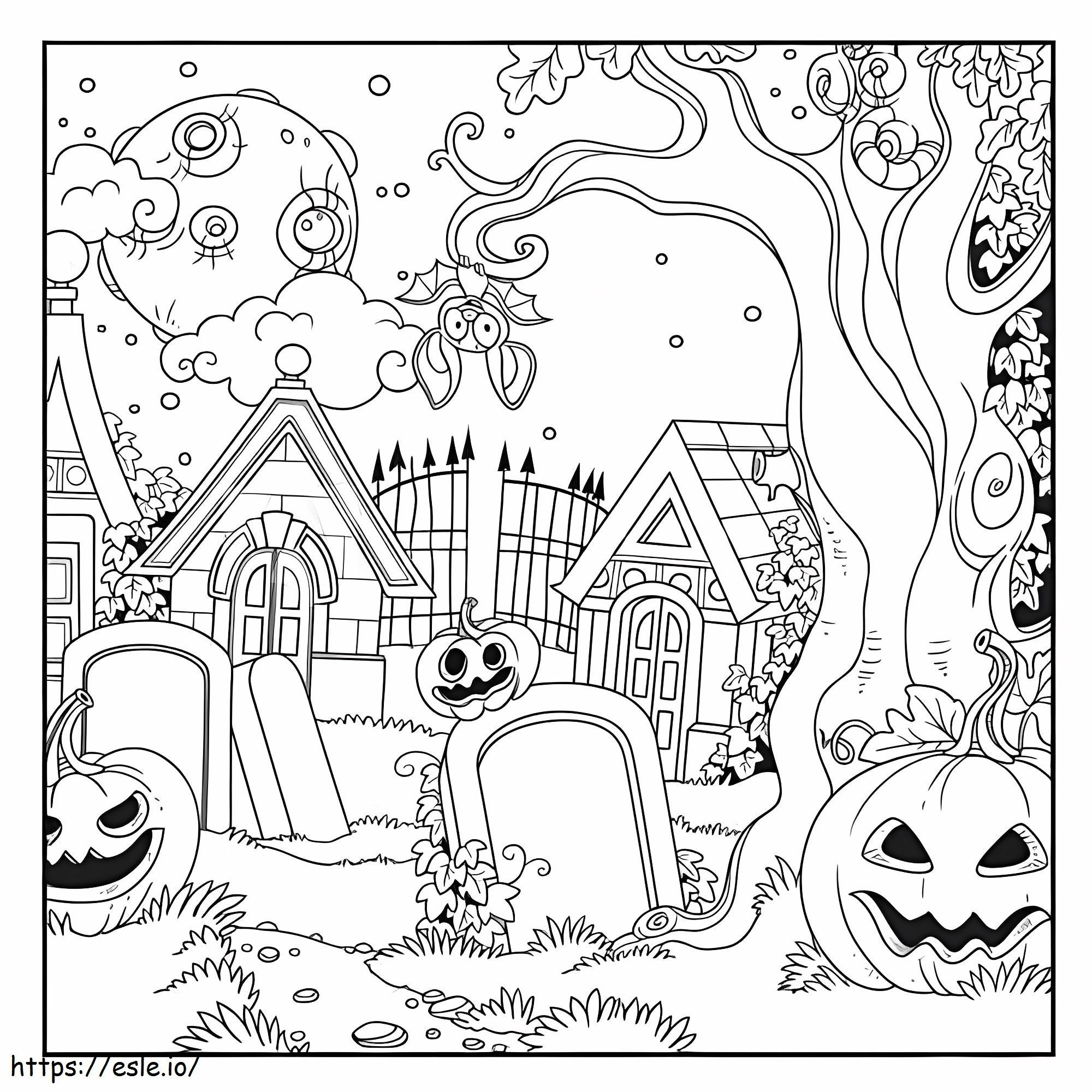 Cementerio de Halloween con calabaza y murciélago para colorear