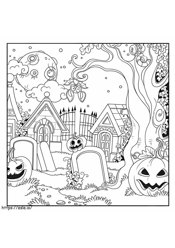 Cemitério de Halloween com abóbora e morcego para colorir