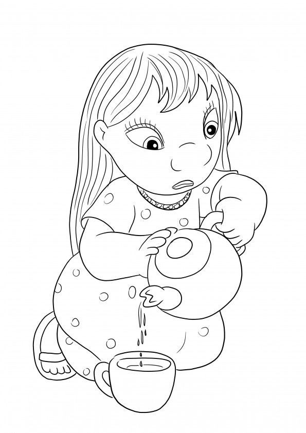 Free printable drawing of Lilo serving tea to color for fun