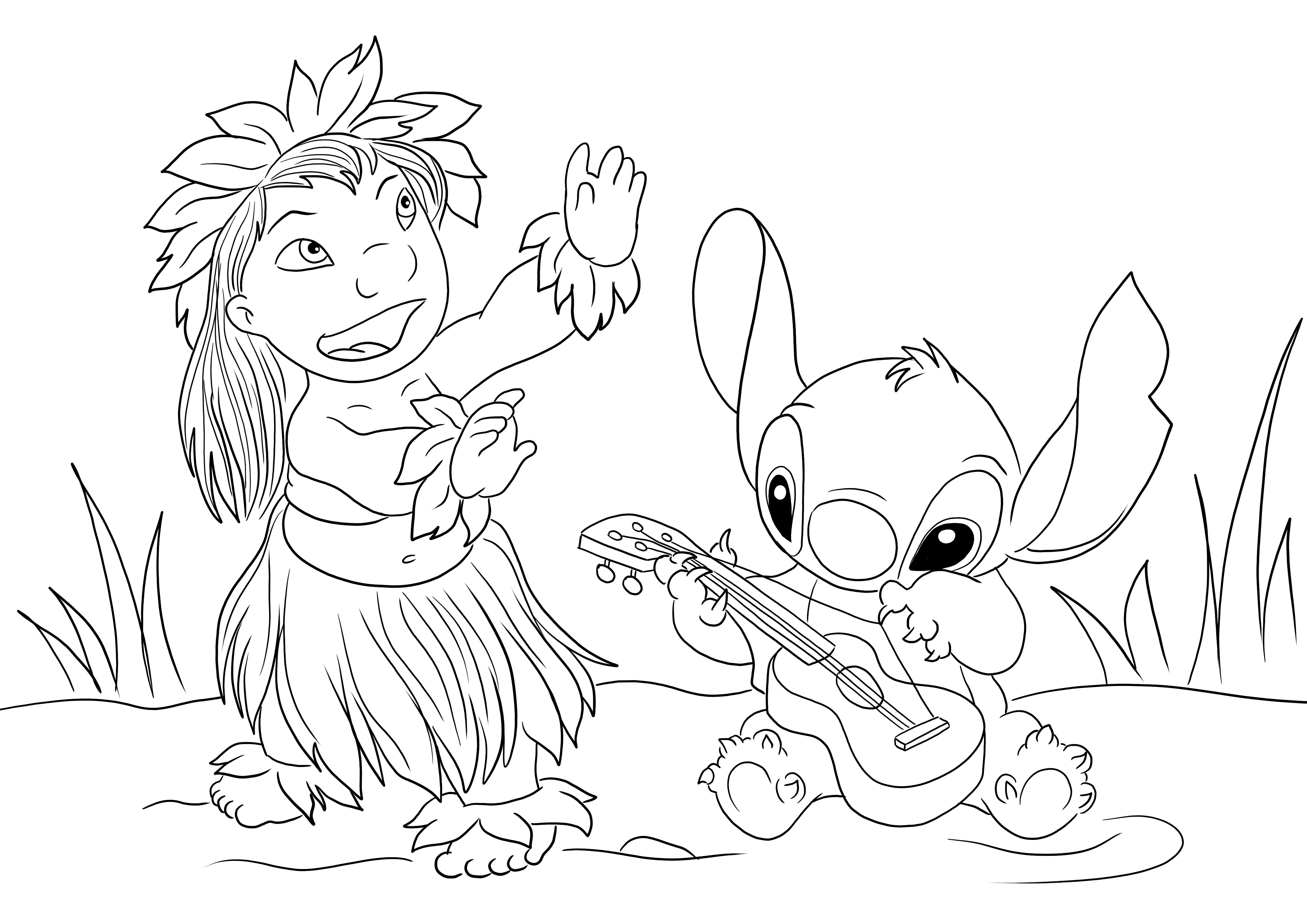 Lilo&Stitch dancing print free and color for kids to have fun together