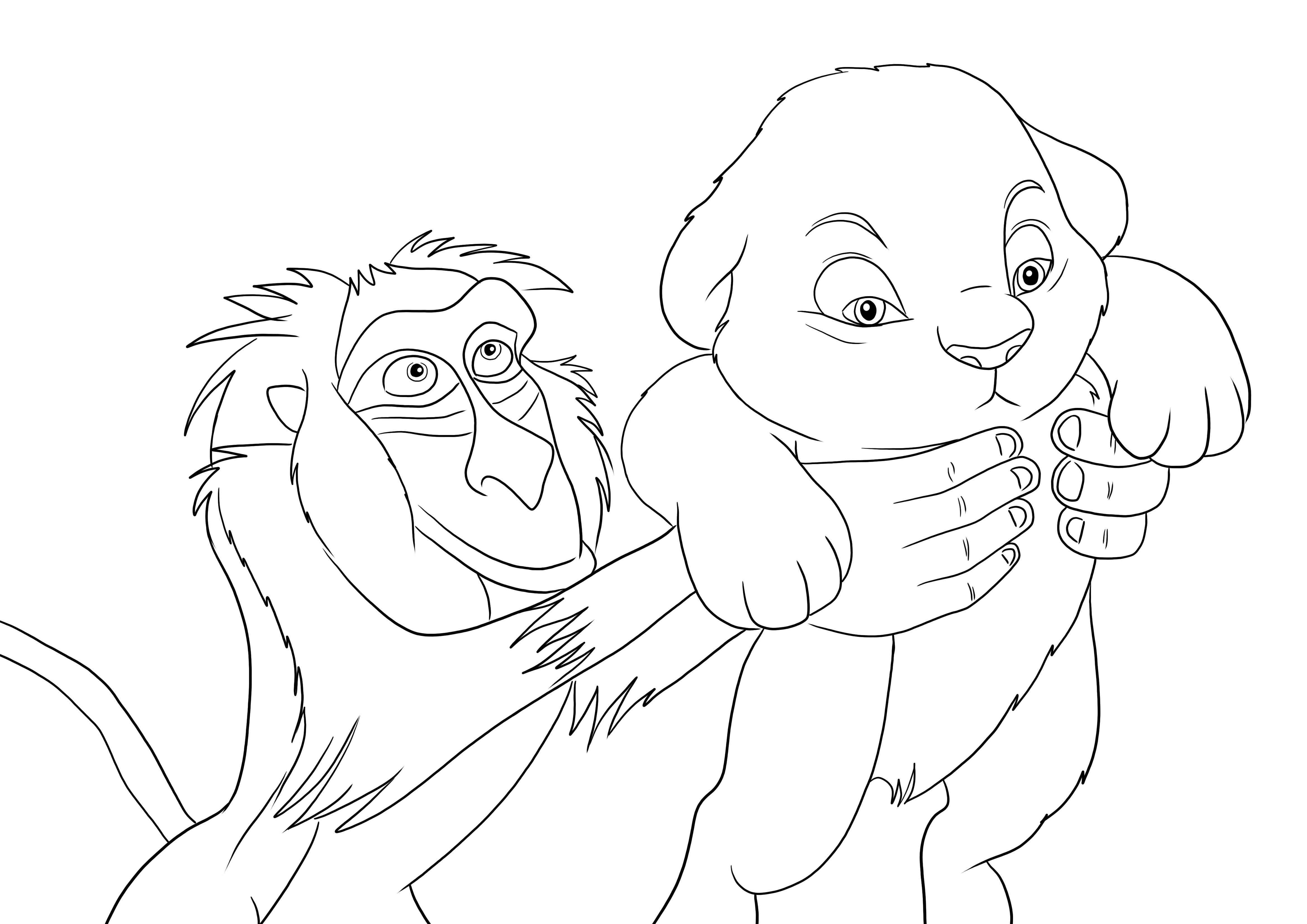 Rafiki segurando o bebê Simba livre para colorir e imprimir para todos os fãs