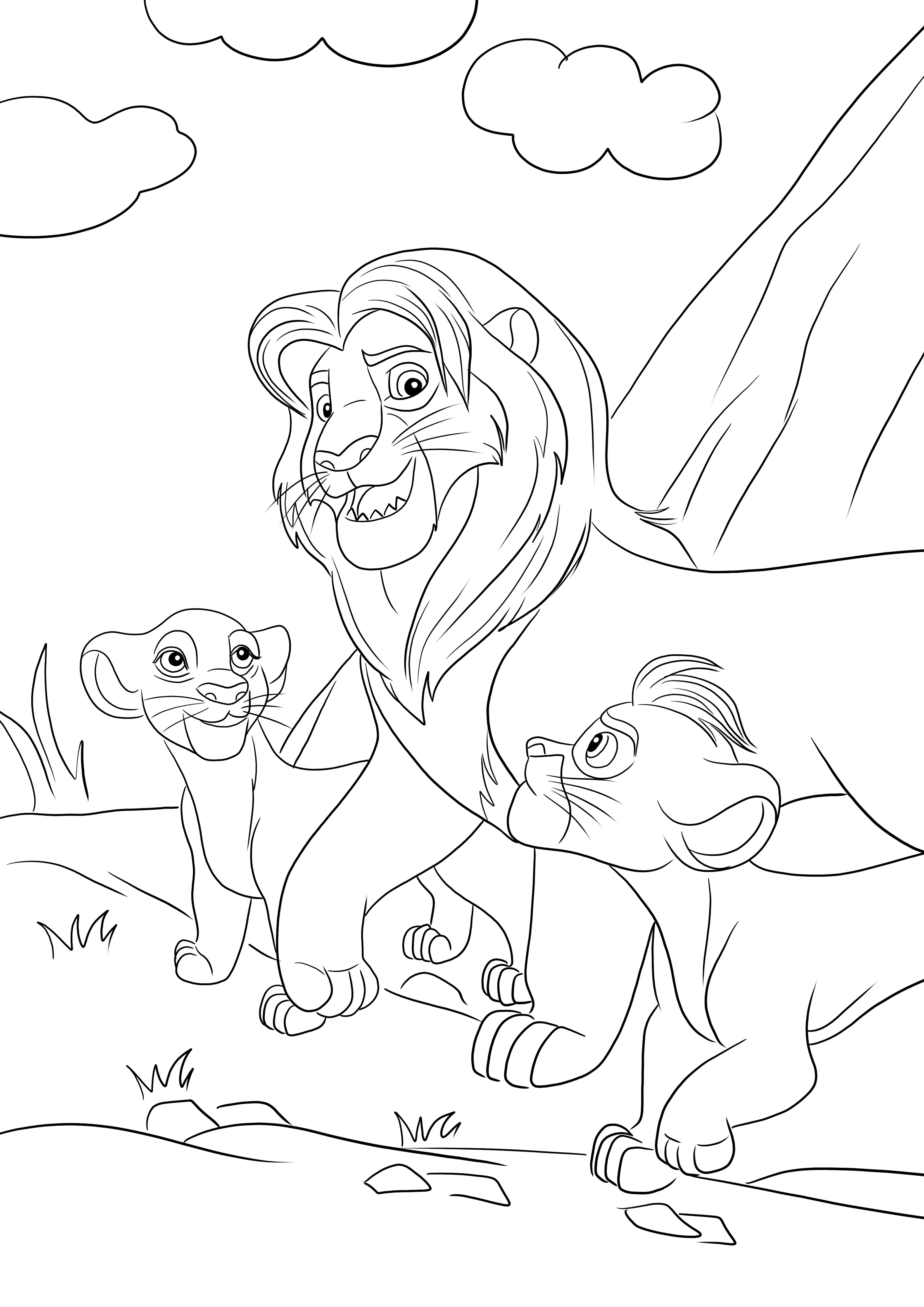 Coloração gratuita de Simba e seus dois filhos-Kiara e Kion para baixar e colorir