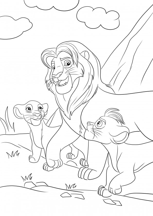 Coloriage gratuit de Simba et ses deux fils - Kiara et Kion à télécharger et colorier