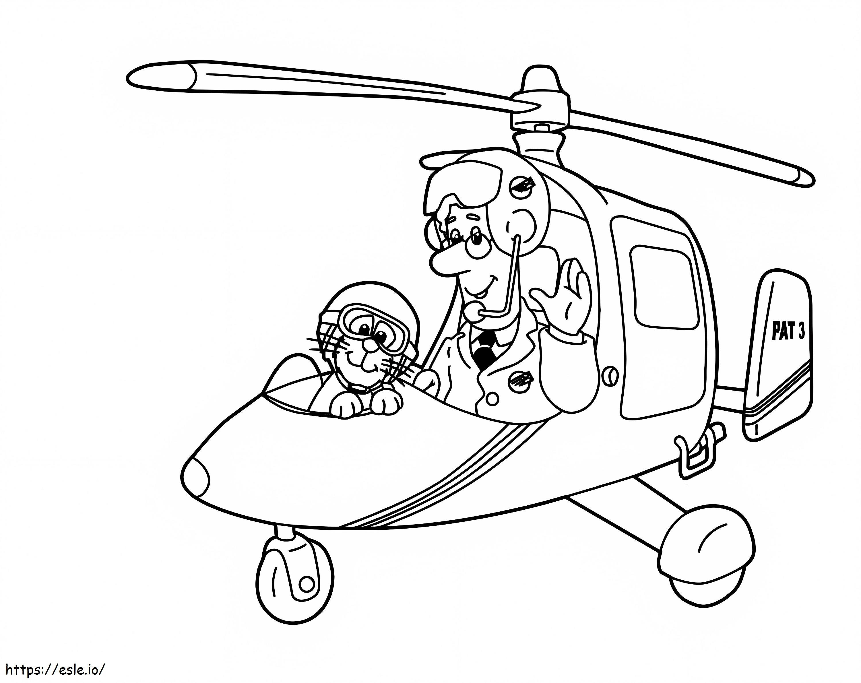 郵便配達員のパットとヘリコプターに乗る猫 ぬりえ - 塗り絵
