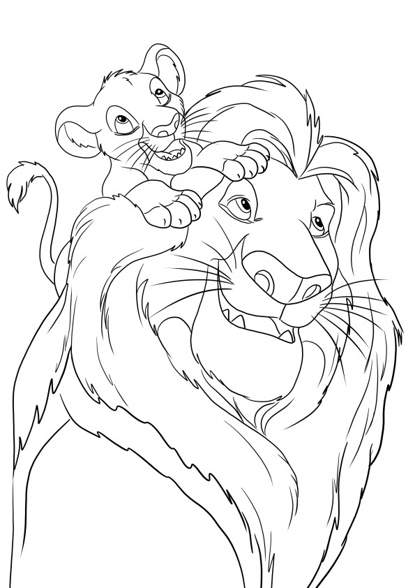 Simba climbing on Mufasa's back coloring image free to print for kids