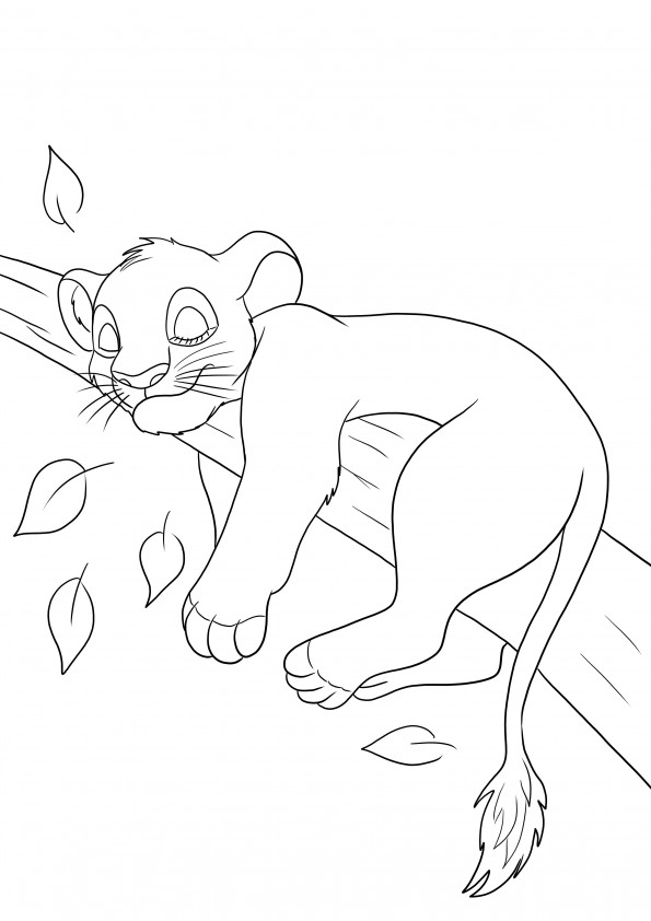 Simba sleeps on a tree to print free and color for kids of all ages
