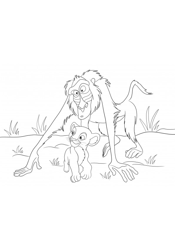 Rafiki and Simba-easy to color and print picture for all ages