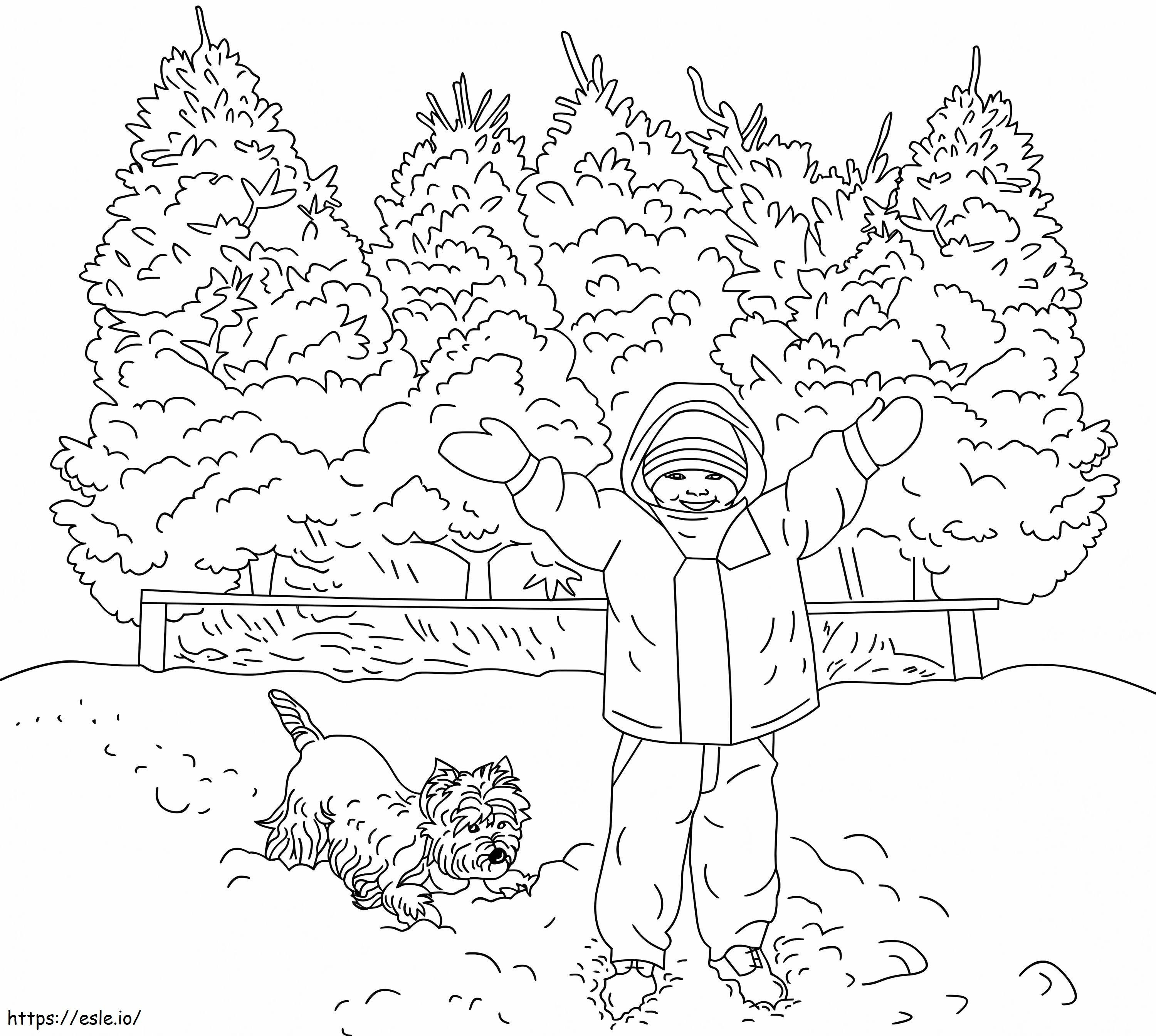 Poika talvella kohtaus 1 värityskuva